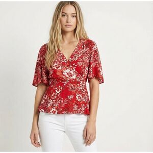 River Island Red Tropical Floral Faux Wrap Blouse Medium Resort Vacation Boho